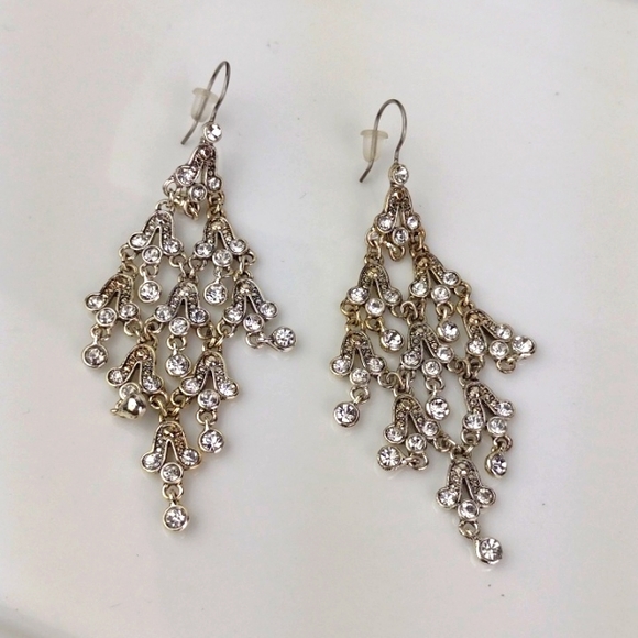 Rhinestone Chandelier Fringe Silver-Tone With Golden Hue Drop Earrings - Picture 3 of 11